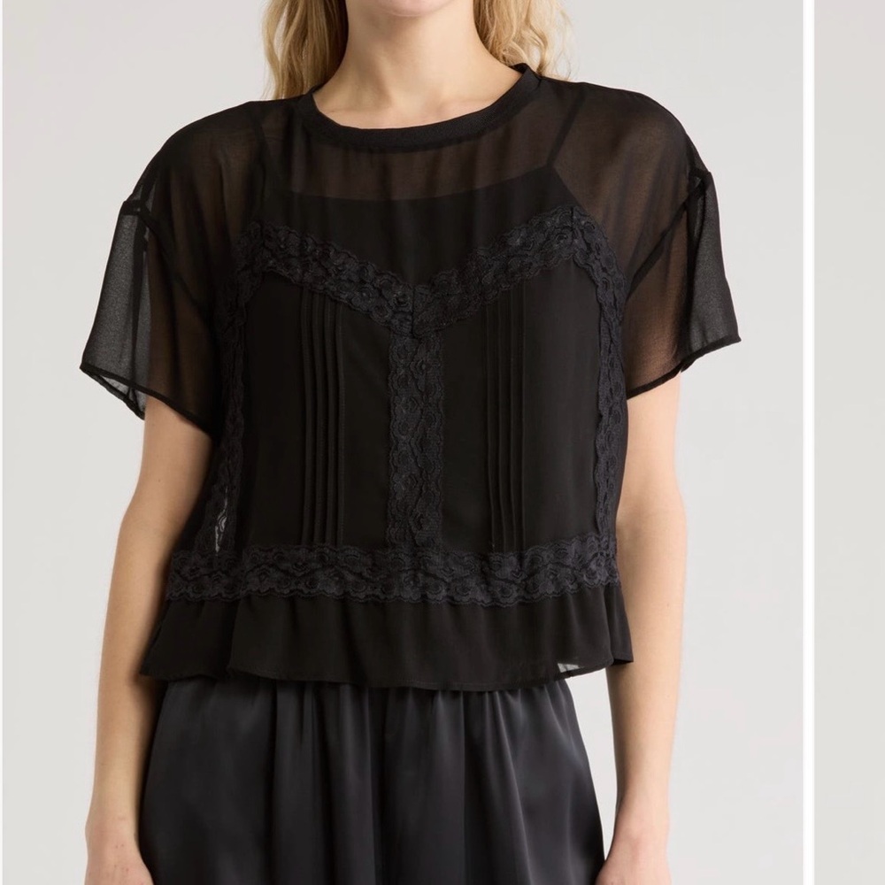 NWOT Adrianna Papell Black Sheer Lace Blouse - Picture 2 of 6
